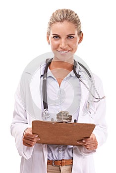 Portrait, woman and healthcare doctor with checklist in studio on a white background. Face, wellness and happy female
