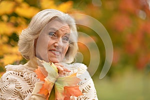 Portrait of a woman holding autumn leaves