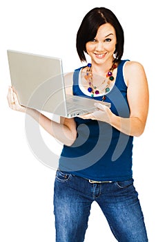 Portrait of woman holding laptop