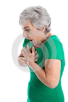 Portrait of woman isolated in green has difficulty breathing