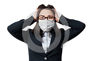 Portrait of a woman in a jacket and protective medical mask with a scared face Isolated on a white background