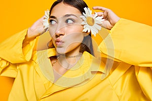 portrait woman lady smile pretty chamomile happiness model young yellow flower