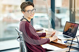 Portrait, woman and laptop in office with happiness for career, job growth and opportunity in confidence. Female