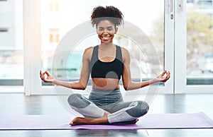 Portrait, woman and meditation or yoga on mat for fitness or wellness with breathing exercises by training. Happy photo
