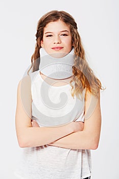 Portrait, woman or neck brace from accident, injury or recovery with girl isolated on white studio background. Face