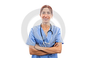 Portrait of woman nurse or doctor smiling wearing blue scrubs