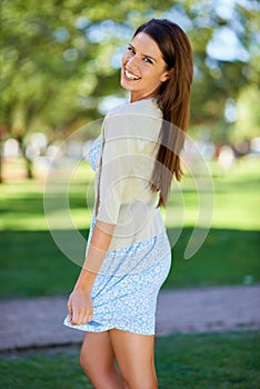 Portrait, woman or park in fun, fashion or casual, spring or trendy outfit in leisure break to relax. Happy, playful or