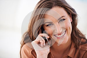 Portrait, woman and phone call in home for communication, conversation and talking with happiness. Female person, smile