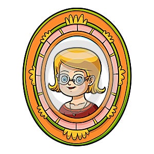 Portrait of a woman in a photo frame, cute cartoon female character