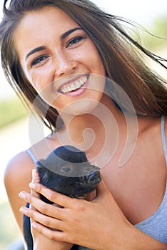 Portrait, woman and pig for volunteer, charity organization and rescue center. Welfare, smile and face of female person