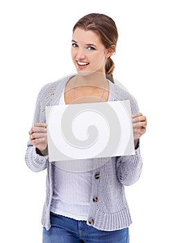 Portrait, woman or presentation of mockup, poster or advertising sign, broadcast deal or commercial in studio on white
