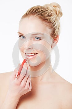 Portrait, woman or red lipstick for makeup, skincare or beauty cosmetics in studio or white background. Transformation