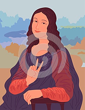 Portrait of woman showing v sign. Illustration based on Leonardo da Vinci Mona Lisa