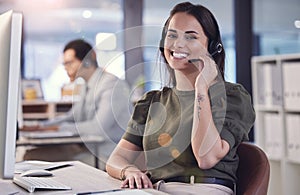 Portrait, woman and smile as consultant at call center with customer or client support and computer. Office, crm and