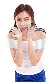 Portrait of woman speaking, shouting, communicating, telling to you