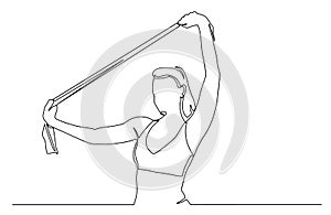 Portrait of woman in sportswear exercises with resistance band. Continuous line drawing. Fitness female model doing stretching