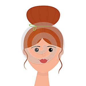 Portrait of woman. Stylish bun hairstyle. Red hair. Young girl face. Beautiful lady, female. Front view. Avatar for social