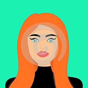 Portrait of woman. Stylish hairstyle. Long red hair. Young girl face. Beautiful lady, female. Front view. Avatar for social