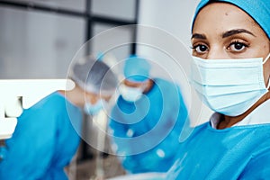 Portrait of woman, surgeon and operating room, hospital and healthcare emergency, surgery or medical clinic. Young