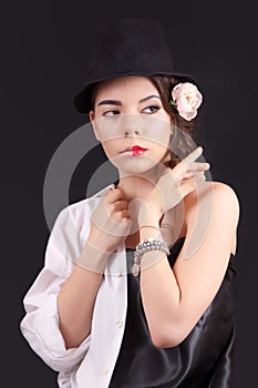 Portrait of the woman with a theatrical makeup on