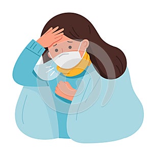 Portrait of woman wear medical mask.She is coughing and suffering from chest pain. Virus protection.