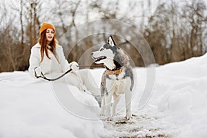 portrait of a woman winter outdoors with a dog fun nature winter holidays