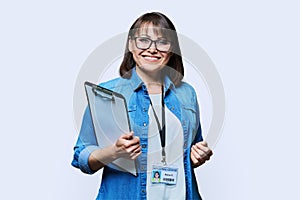 Portrait of woman worker with industrial center card clipboard, on white background