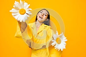 portrait woman yellow young flower pretty smile female model chamomile happiness