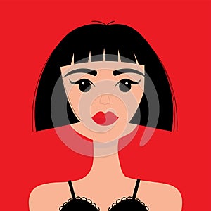 Portrait of woman. Young girl face. Beautiful lady, female. Brunette bob cut hairstyle. Black hair. Red lipstick makeup. Avatar