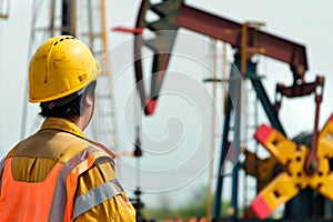 portrait of a worker with an oil pump in the background