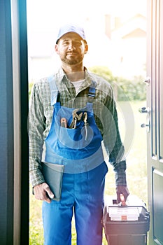 Portrait of worker, service man, plumber or electric