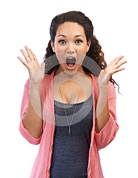 Portrait, wow and shock with a black woman in studio on a white background in shocked surprise. Face, hands and wtf with