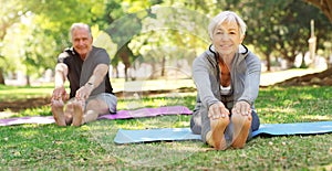 Portrait, yoga and senior couple in a park, meditation and exercise with sunshine, balance or wellness. Face, mature man