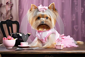 Portrait of Yorkshire terrier in a pink dress with a bow on its head