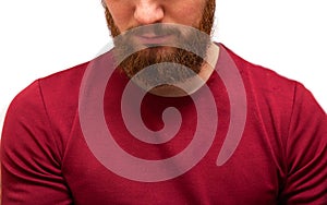 Portrait youn man with messy brown orange beard and moustache and messy hair. Bearded hipster on isolated white