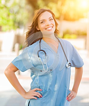 Portrait of Young Adult Female Doctor or Nurse Wearing Scrubs an