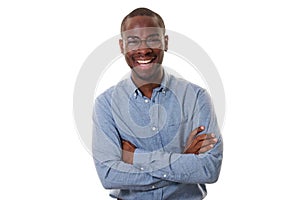 Young african american businessman with glasses smiling with arms crossed against isolated white background