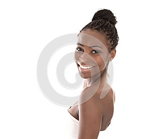 Portrait young African American smiling woman - black and white