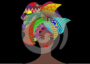 Portrait of the young African woman in a colorful turban. Wrap Afro fashion, Ankara, Kente, kitenge, African women dresses animal