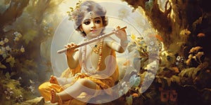 portrait of a young age god krishna taking flute in his hand painting