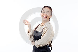 Portrait young asian barista woman wearing apron smile and excited with surprise isolated white background.