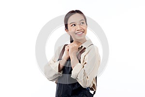 Portrait young asian barista woman wearing apron smile and excited with surprise isolated white background.