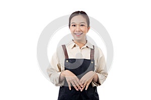 Portrait young asian barista woman wearing apron smile and excited with surprise isolated white background.