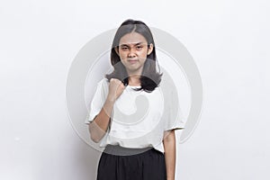 Young asian beautiful woman angry emotional shouting and screaming on white background