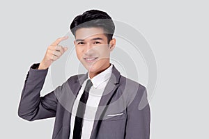 Portrait young asian business man in suit with smart thinking idea with intelligent isolated on white background.