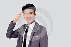 Portrait young asian business man in suit with smart thinking idea with intelligent isolated on white background.