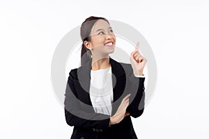 Portrait young asian business woman pointing and presenting isolated on white background.