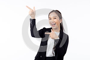 portrait young asian business woman pointing and presenting isolated on white background.