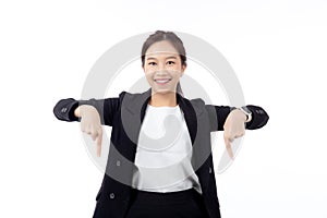 portrait young asian business woman pointing and presenting isolated on white background.