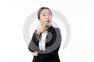 portrait young asian business woman pointing and presenting isolated on white background.